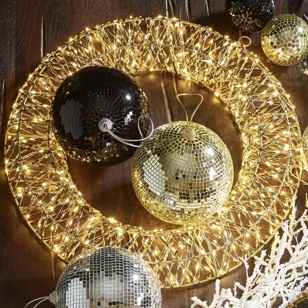 Illuminated Gold Wire Wreath with Disco Ball Ornaments Illuminated Gold Wire Wreath with Disco Ball Ornaments — Christmas Window Wreaths