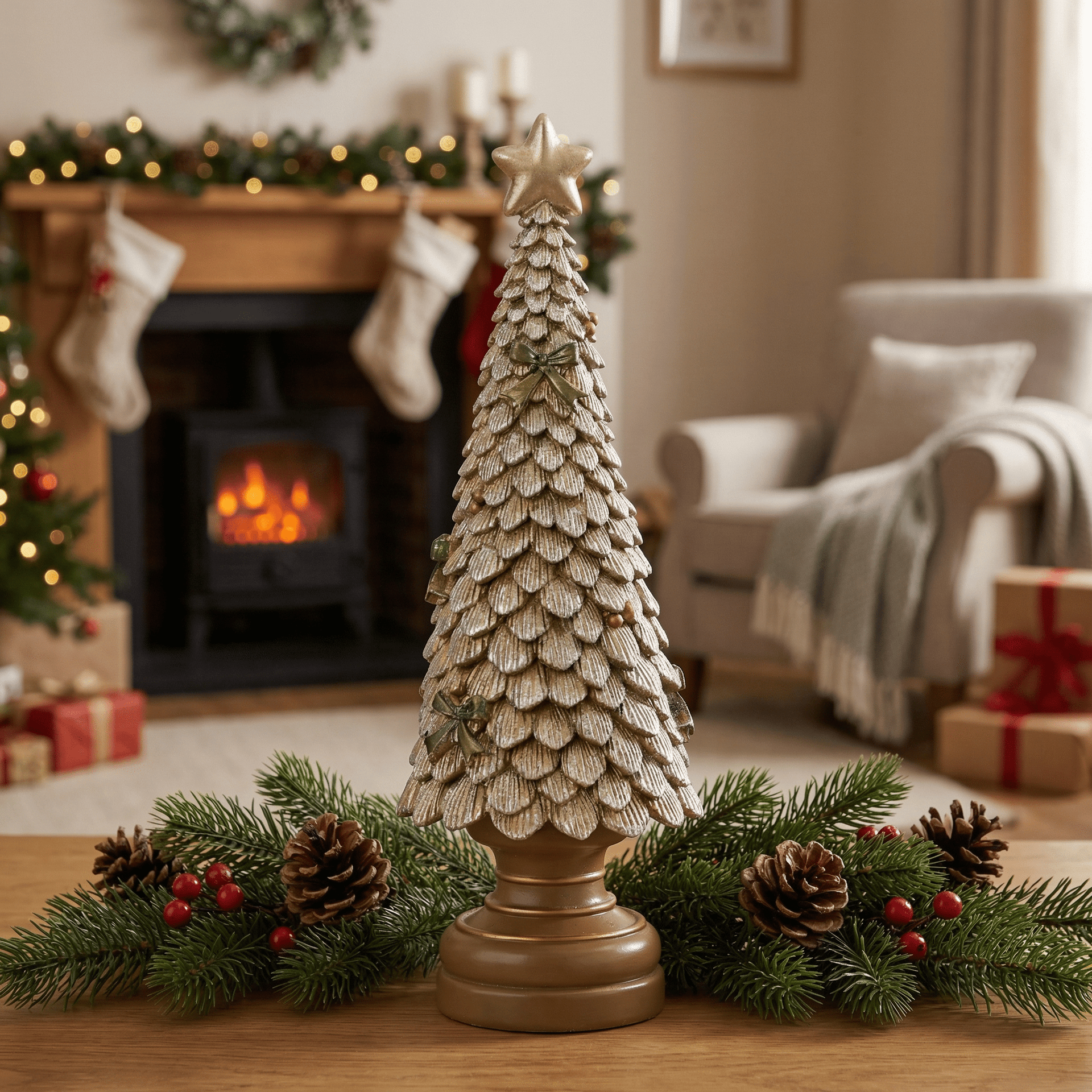Glamorous Gold Tree with Festive Garland — Tabletop Christmas Tree Decor