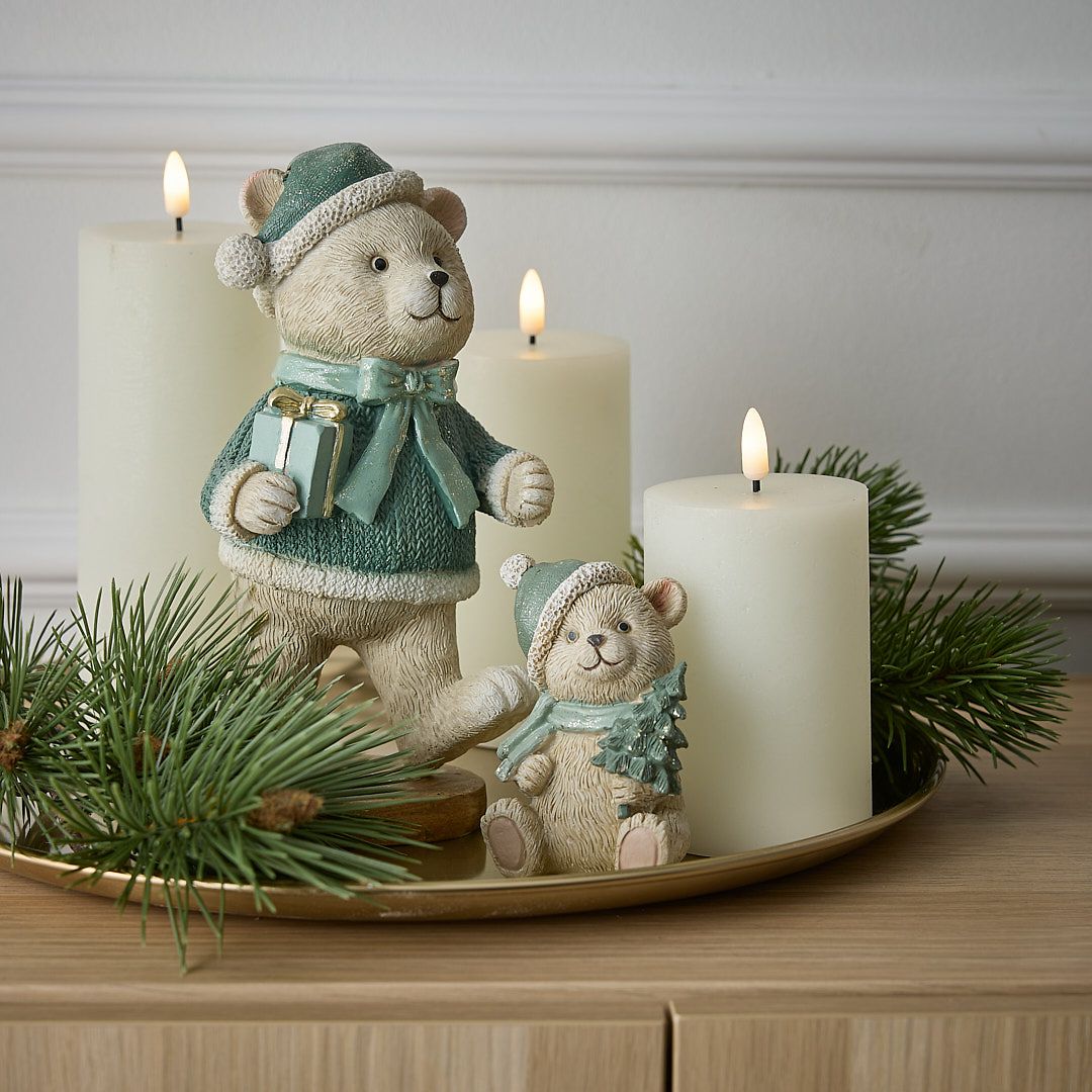 Whimsical Teddy Bear Figurines with Pillar Candles — Winter Decor After Christmas