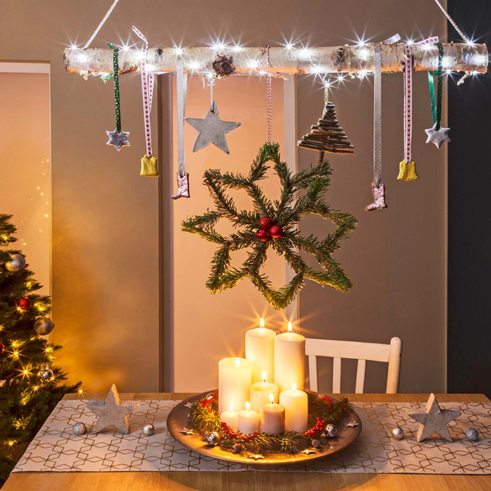 DIY Hanging Branch Christmas Decor for a Festive Centerpiece DIY Hanging Branch Christmas Decor for a Festive Centerpiece — Christmas Office Decor Ideas