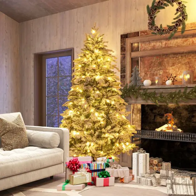 Snow-Dusted Tree Radiates Warmth in Rustic Living Room Snow-Dusted Tree Radiates Warmth in Rustic Living Room — Christmas Tree Lights