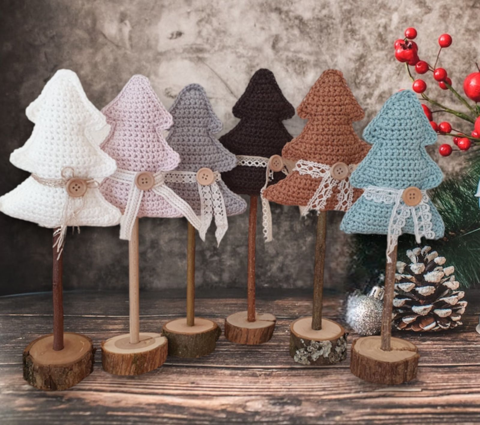 Set of Six Crocheted Christmas Trees in Pastel Colors Set of Six Crocheted Christmas Trees in Pastel Colors — Scandinavian Christmas Tree