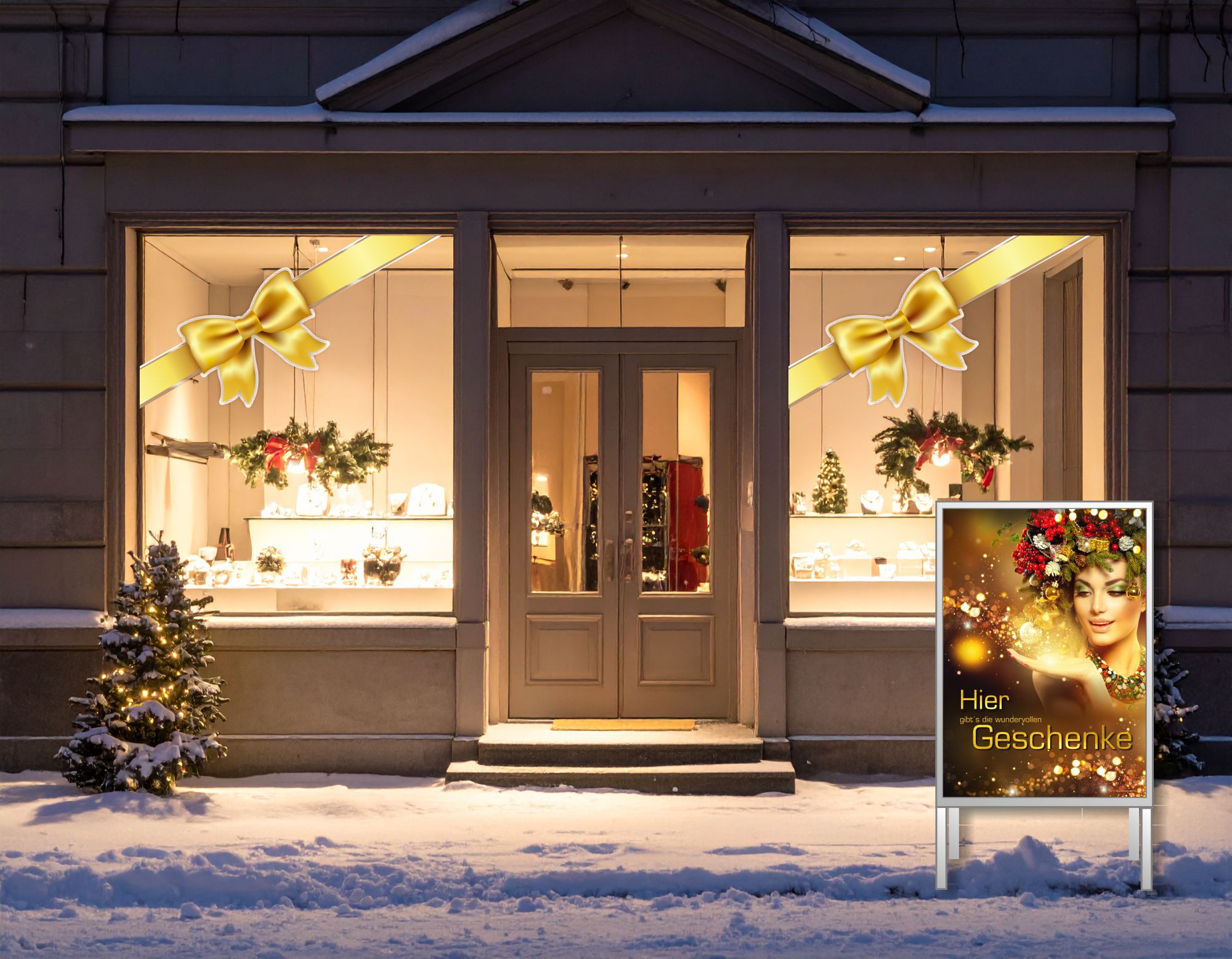 Storefront Window with Golden Bows and Greenery Storefront Window with Golden Bows and Greenery — Christmas Window Decor Outdoor