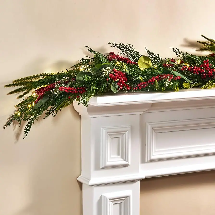 Lush Pine and Berry Garland with Warm White Lights on Mantel — Farmhouse Christmas Mantel