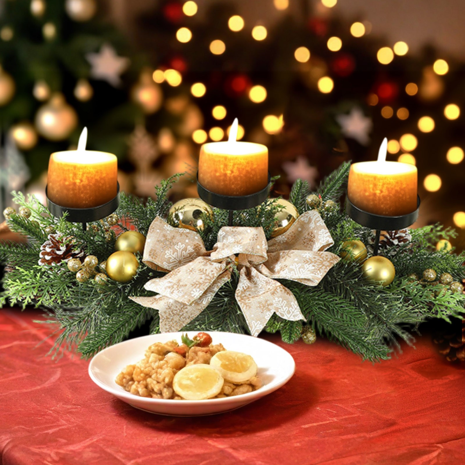 Farmhouse Christmas Centerpiece with Garland, Ornaments, and Candles Farmhouse Christmas Centerpiece with Garland, Ornaments, and Candles — Rustic Christmas Tree