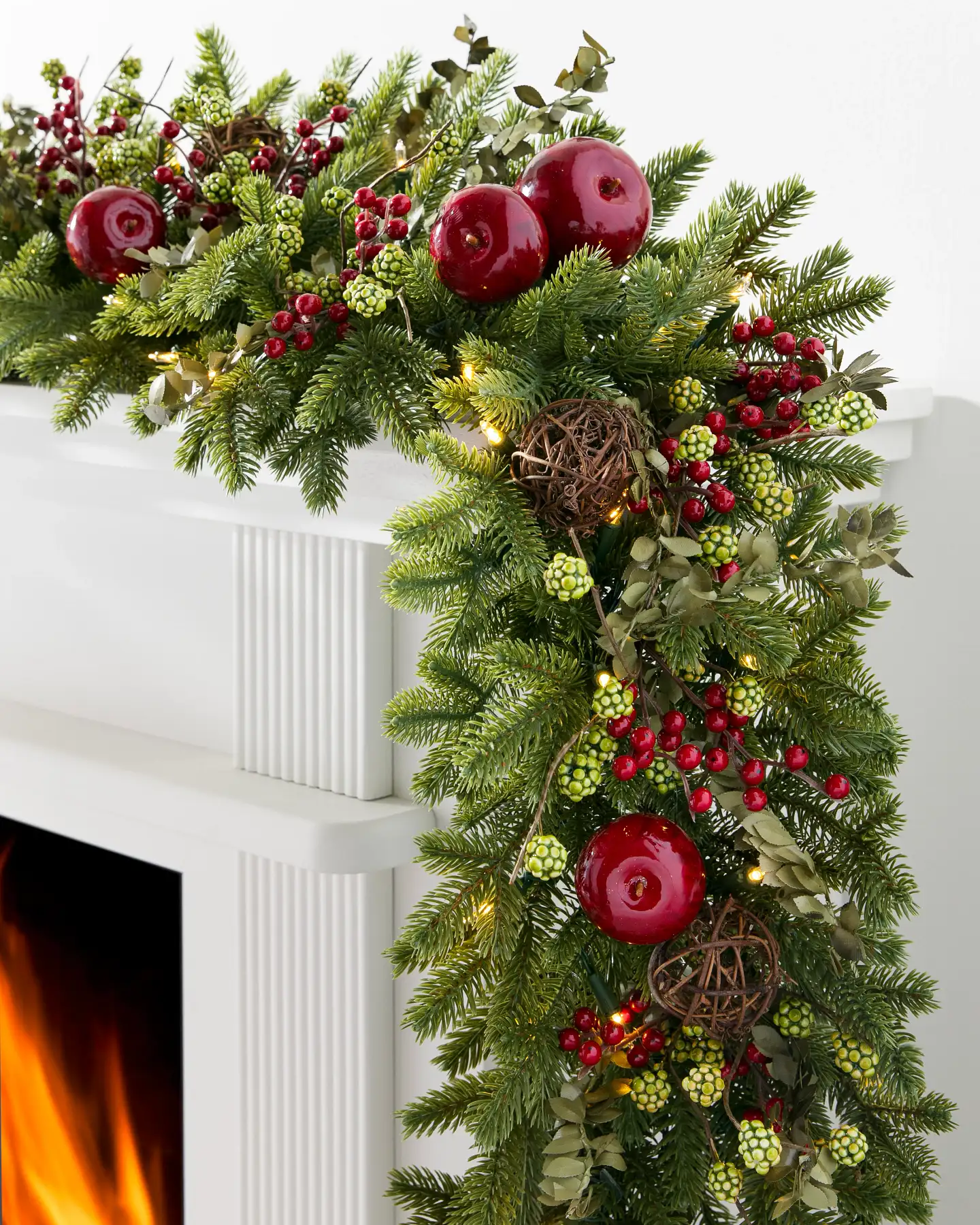 Opulent Garland with Red Apples, Berries, and Rattan Accents — Christmas Garland