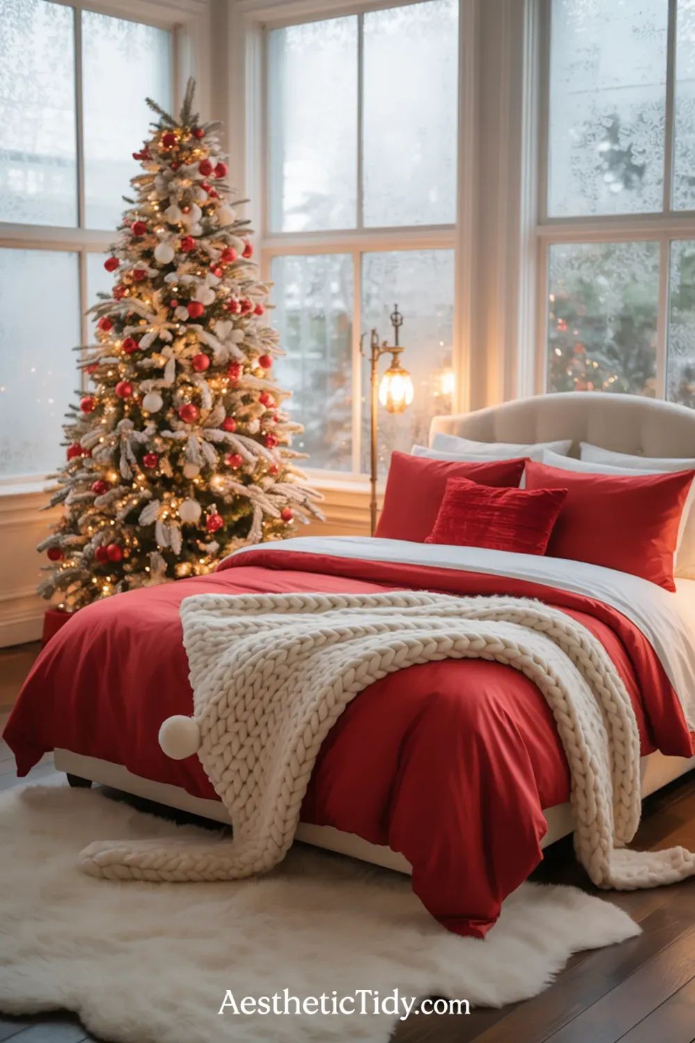 Traditional Bedroom with Bold Red Bedding and Flocked Tree — Christmas Bedroom Decor