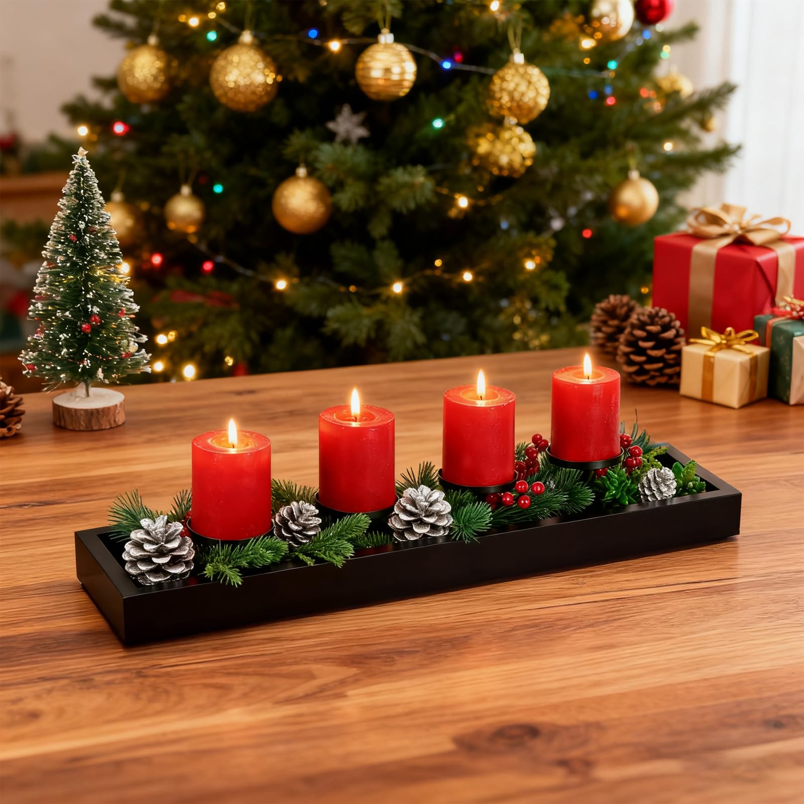Modern Black Tray with Red Candles and Pine Needles — Christmas Tiered Tray