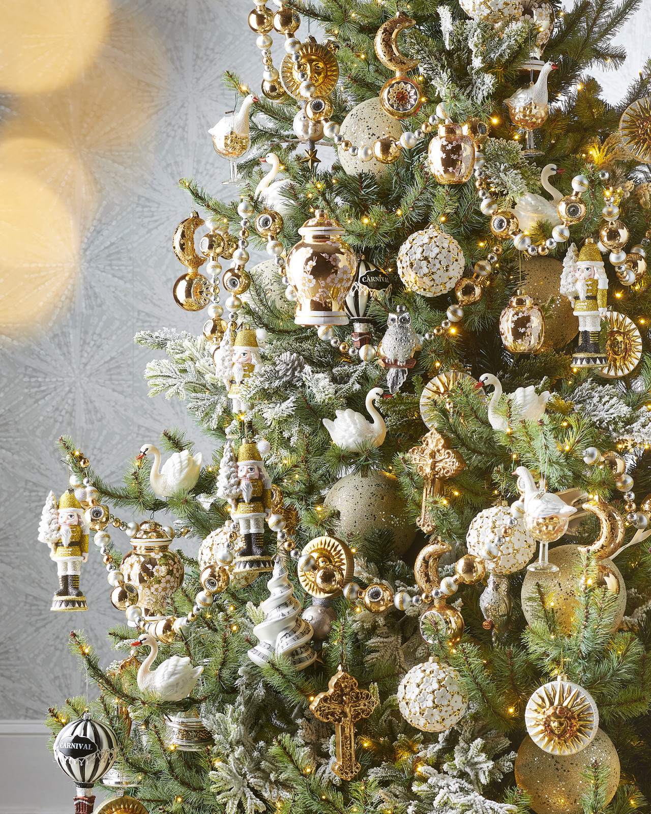 Close-Up on a Flocked Christmas Tree with Gold, White, and Faux Snow Details — Glam Christmas Tree