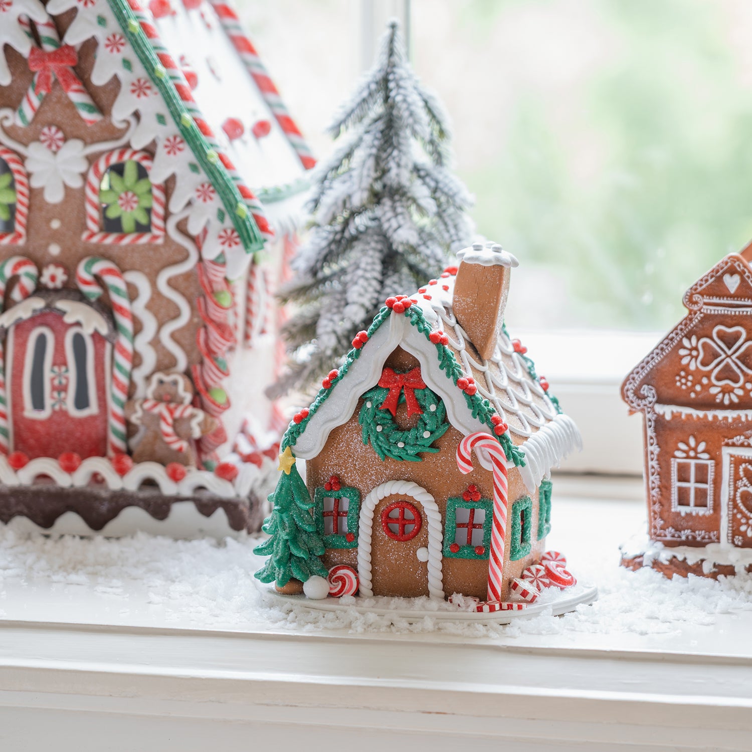 Gingerbread-Style Houses on a Windowsill — Christmas Village Display
