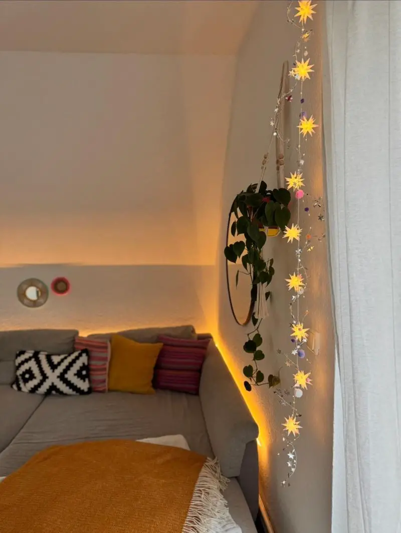 Boho Living Room Corner with Whimsical Star-Shaped Fairy Lights Boho Living Room Corner with Whimsical Star-Shaped Fairy Lights — Christmas Fairy Lights Living Room