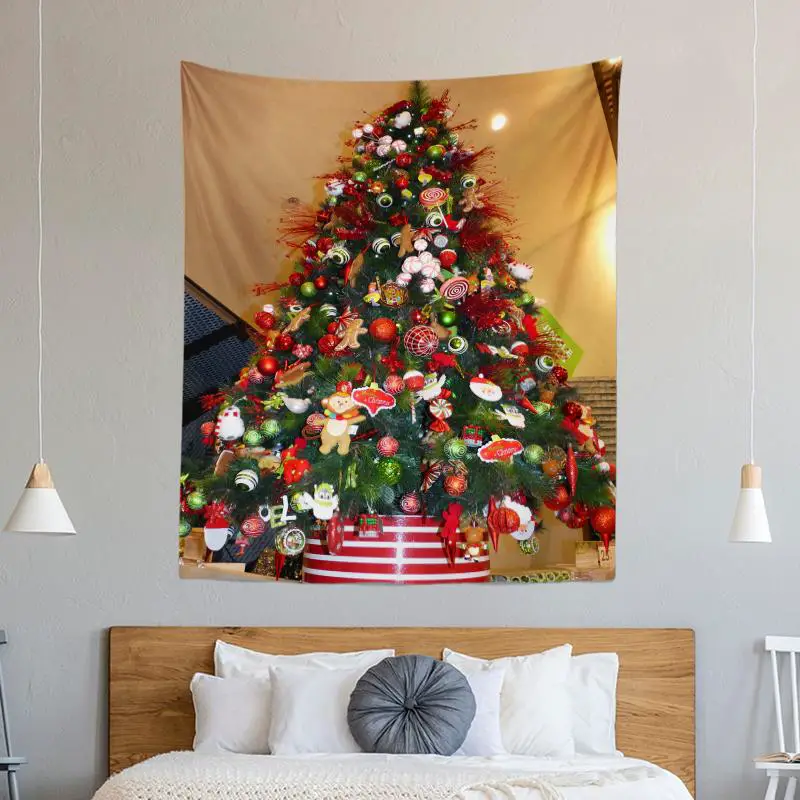 Modern Bedroom with Large Christmas Scene Tapestry — Wall Christmas Tree