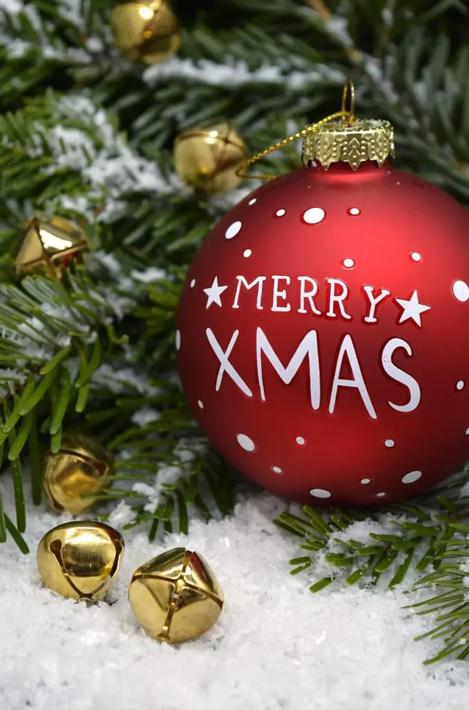 Red Glass Bauble with 'Merry Xmas' and Gold Bells on Snow-Dusted Branches Red Glass Bauble with 'Merry Xmas' and Gold Bells on Snow-Dusted Branches — Red and Gold Christmas Tree