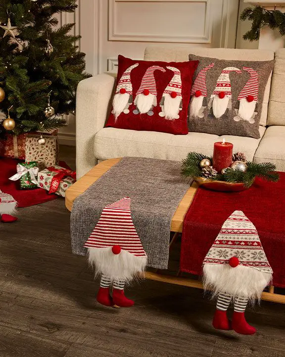 Cozy Living Room with Gnome Accents and Red Palette Cozy Living Room with Gnome Accents and Red Palette — Red and White Christmas Tree