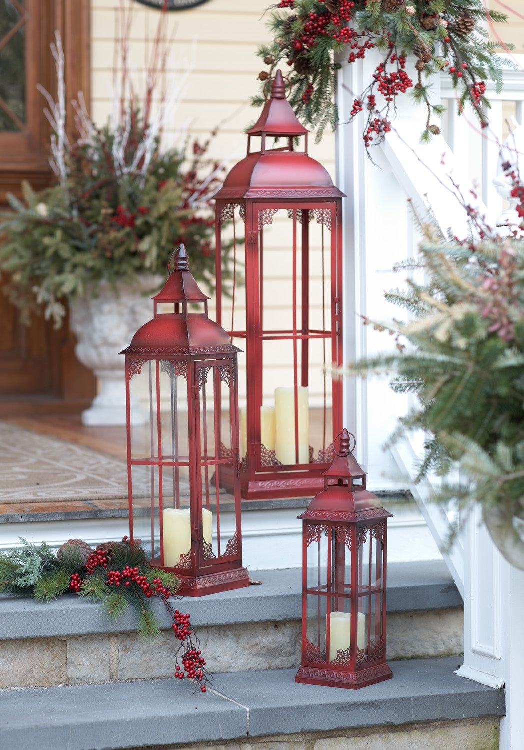 Use Tall Red Lanterns for Classic Christmas Curb Appeal — Christmas Porch Lanterns