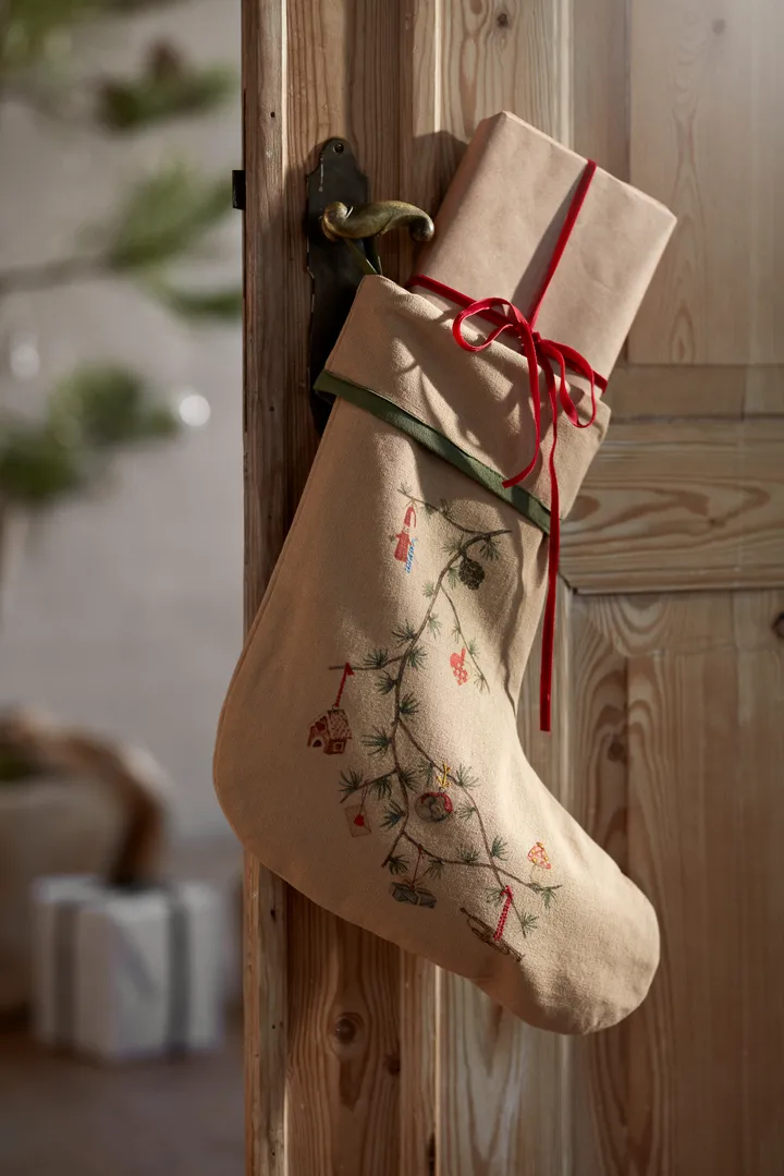 Rustic Linen Stocking with Embroidered Pine Branches — Christmas Stockings Display