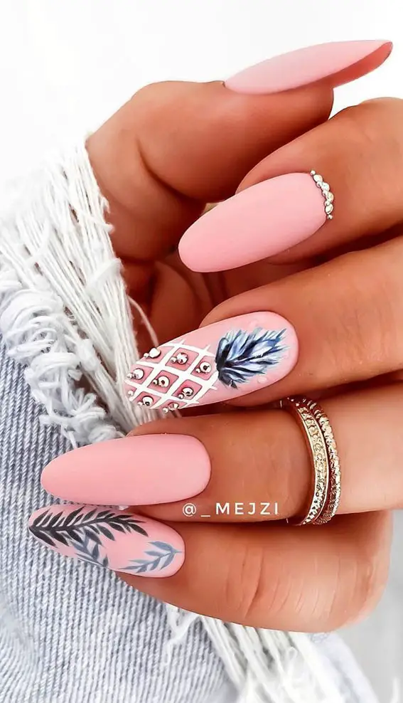 Matte Pastel Pink Pineapple And Palm Leaf Nails Matte Pastel Pink Pineapple And Palm Leaf Nails — pineapple nails ideas 2027