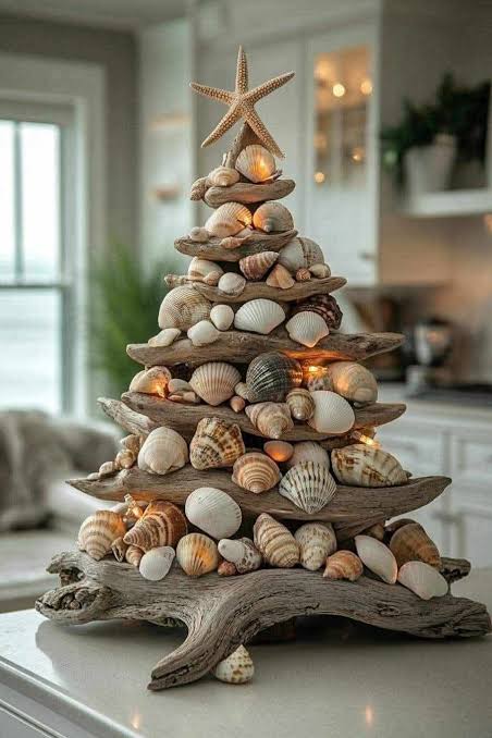 Driftwood and Seashell Christmas Tree Sculpture Driftwood and Seashell Christmas Tree Sculpture — Coastal Christmas Decor