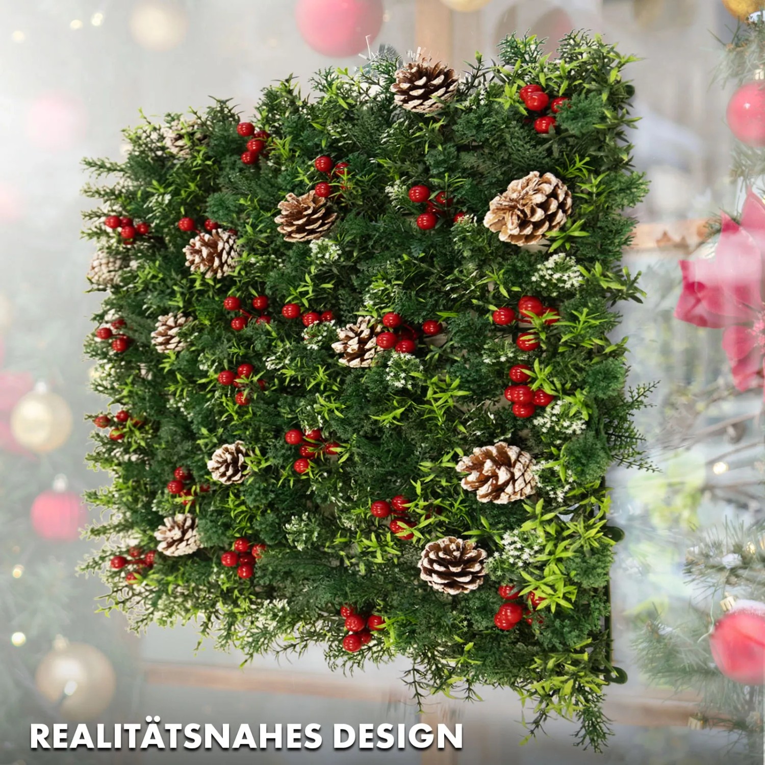 Greenery Wall Panel with Red Berry Accents — Red and Green Christmas Decor