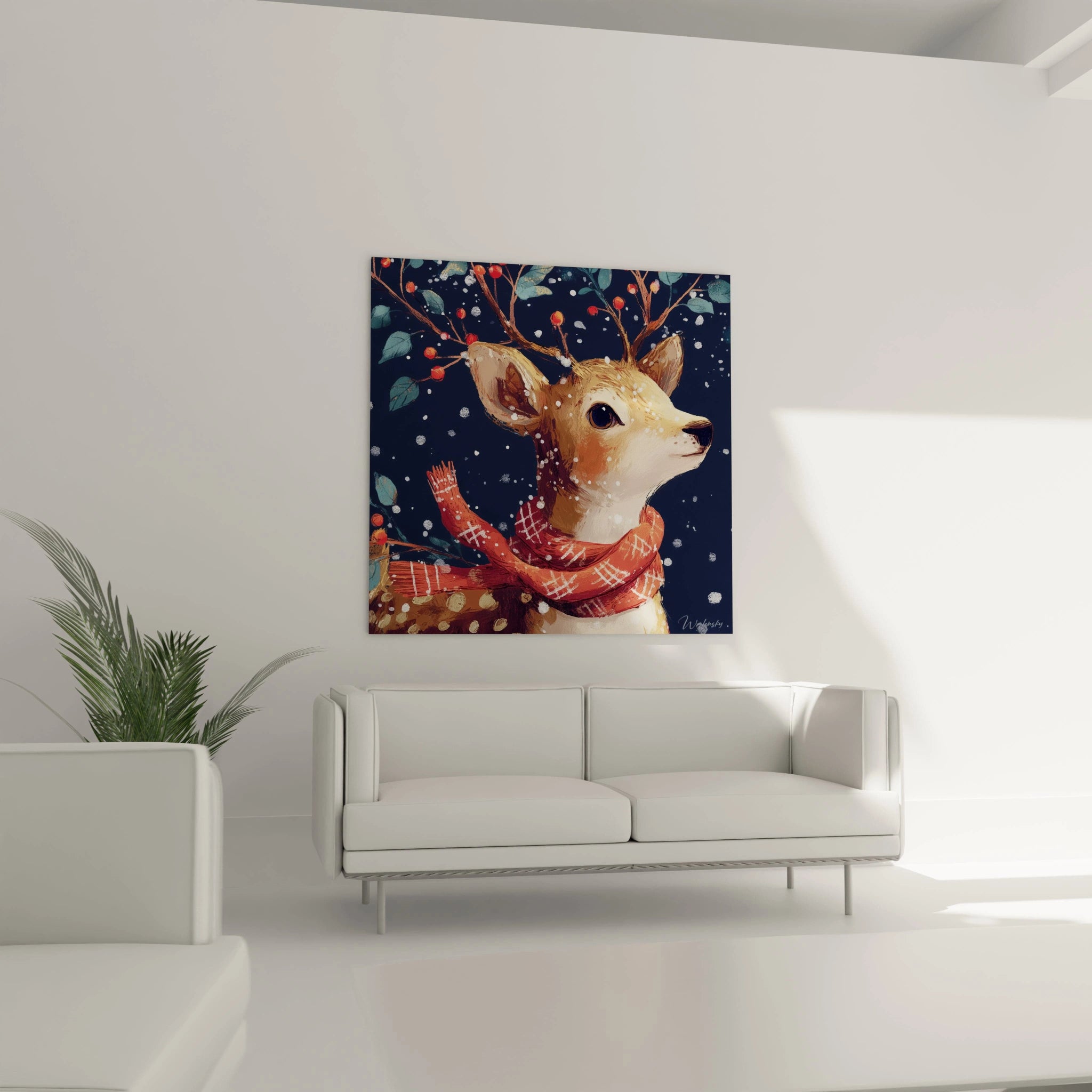 Festive Deer Painting with Red Scarf — Christmas Wall Decor