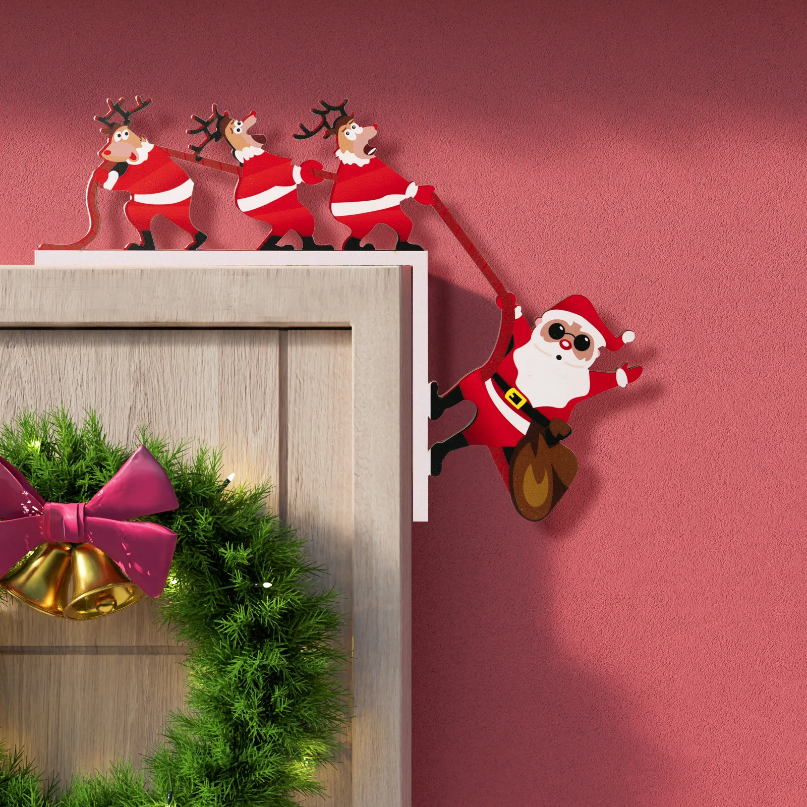Kitschy Door Frame with Santa Figure and Wreath Kitschy Door Frame with Santa Figure and Wreath — Christmas Door Frame Lights