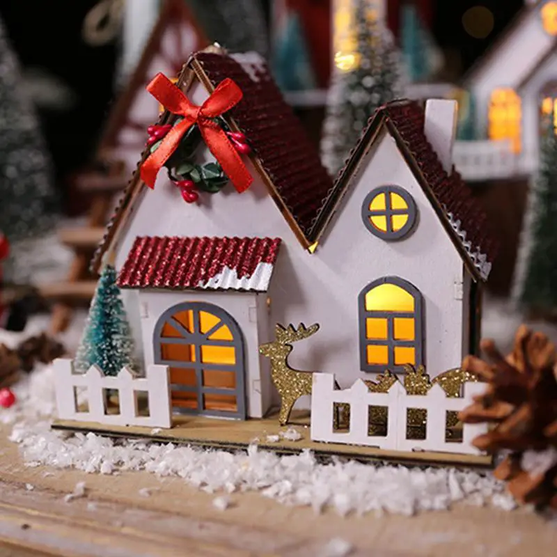 Miniature Wooden House with Glittery Red Roof — Christmas Village Display
