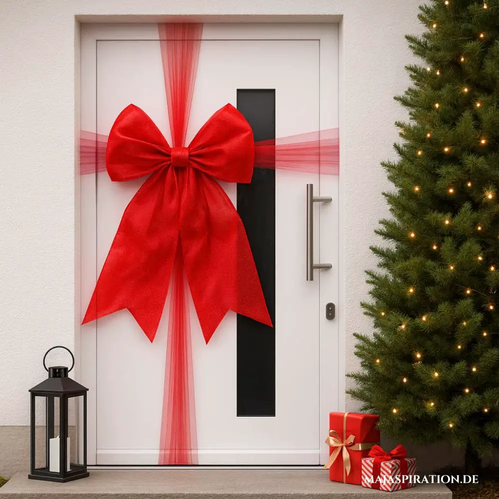 White Door Wrapped as a Giant Gift with Red Bow — Winter Front Door Decor