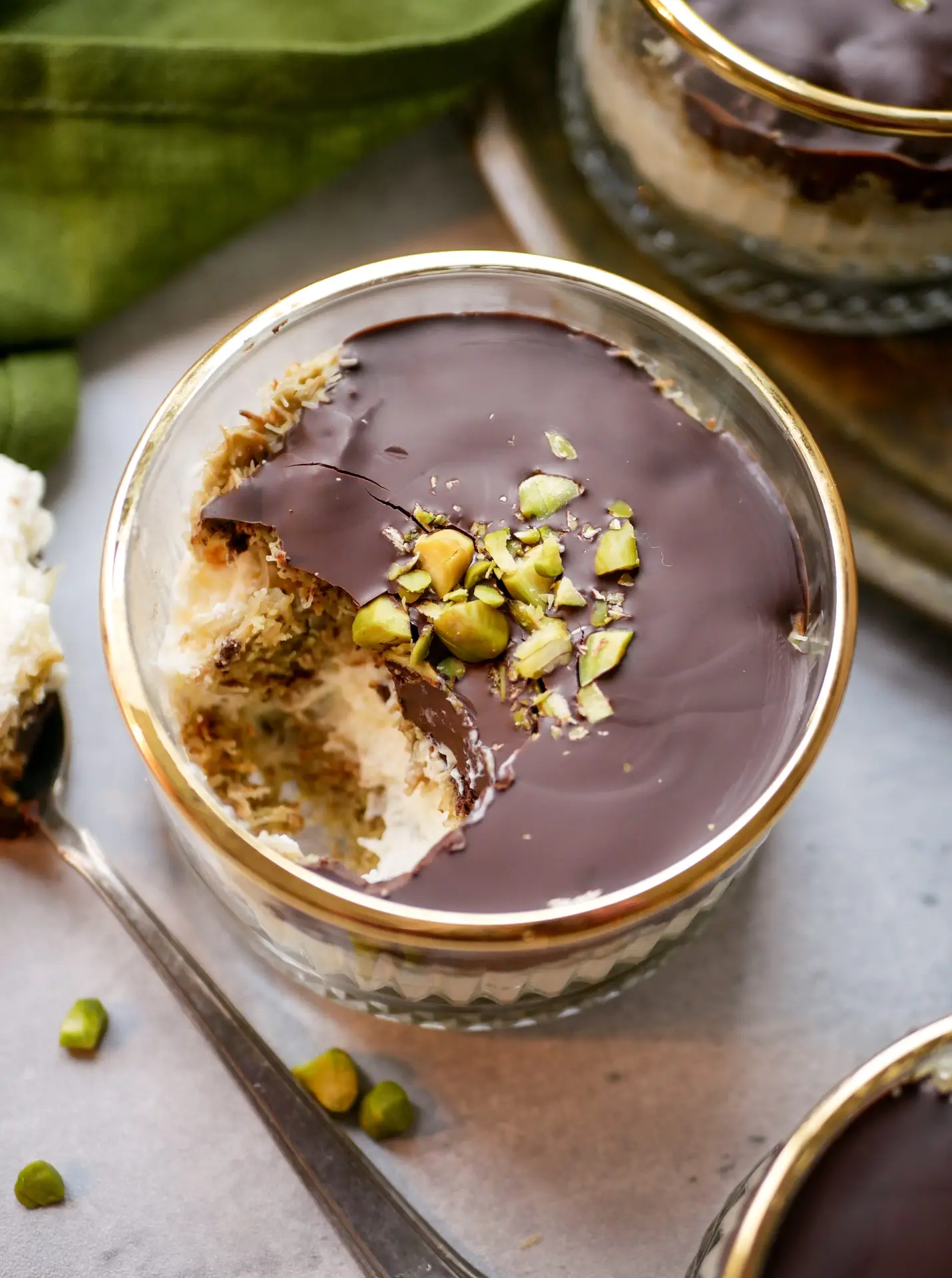 Rich Chocolate Dubai Dessert with Pistachio Topping — New Years Eve Dessert Table