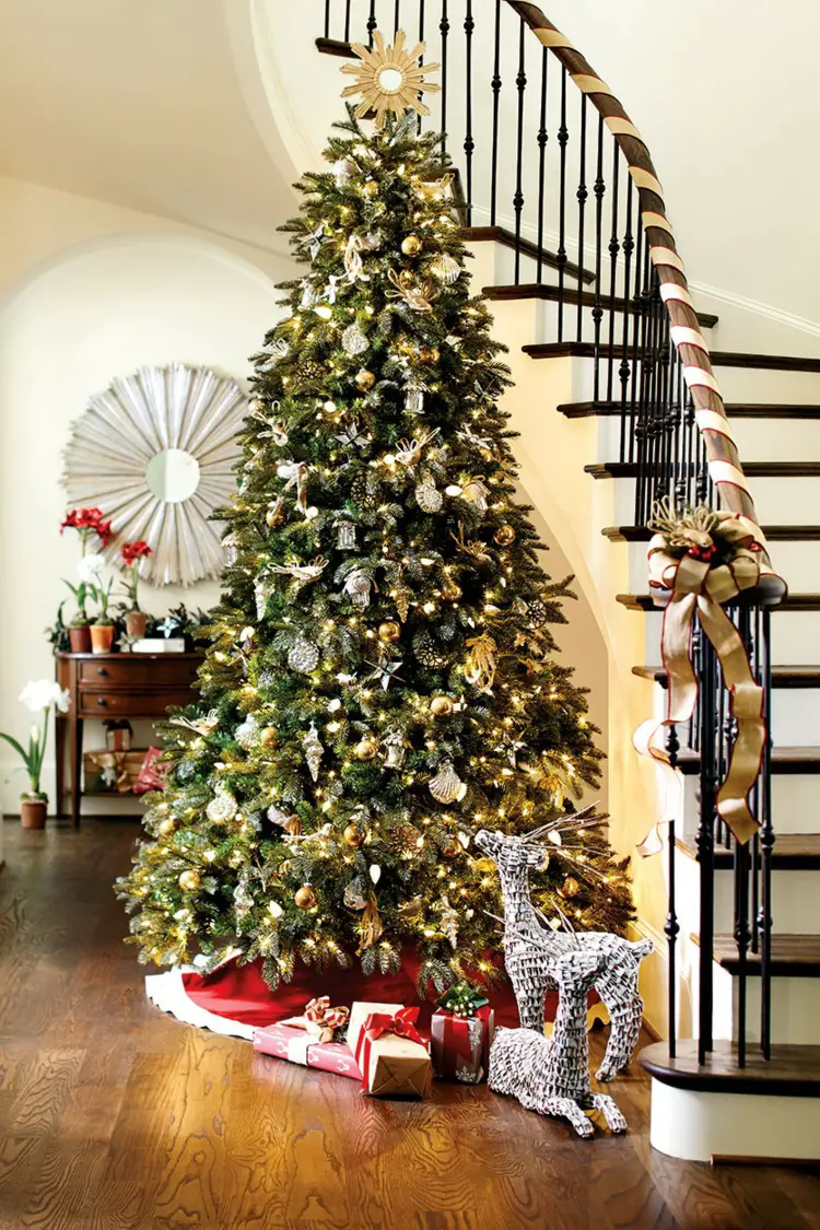 Festive Garland Wrapped with Red Berries, Pinecones, and Gold Ribbon — Christmas Stair Garland