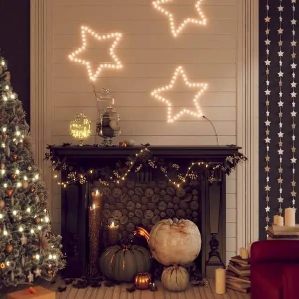 Cozy Living Room Fireplace with Illuminated Star Shapes and Fairy Lights Cozy Living Room Fireplace with Illuminated Star Shapes and Fairy Lights — Christmas Fairy Lights Living Room