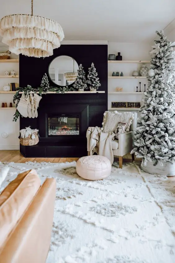 Contemporary Christmas Tree and Fireplace in Neutral Tones — Modern Christmas Decor