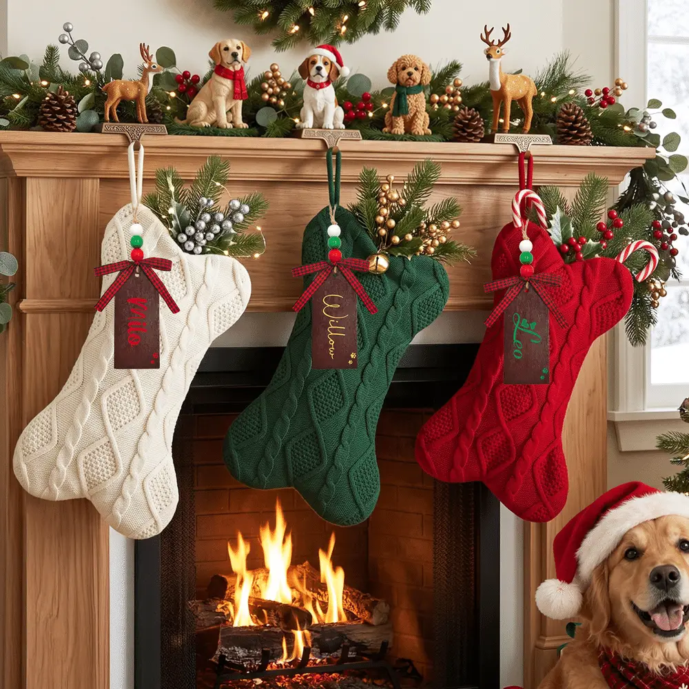 Festive Mantel with Cable-Knit Stockings and Figurines — Christmas Stockings Display