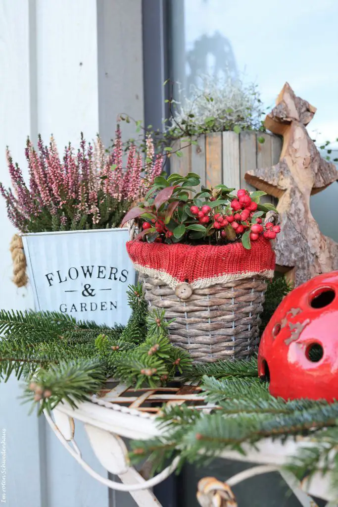 Wicker Planter with Red Knit Cuff and Berries Wicker Planter with Red Knit Cuff and Berries — Christmas Porch Planters