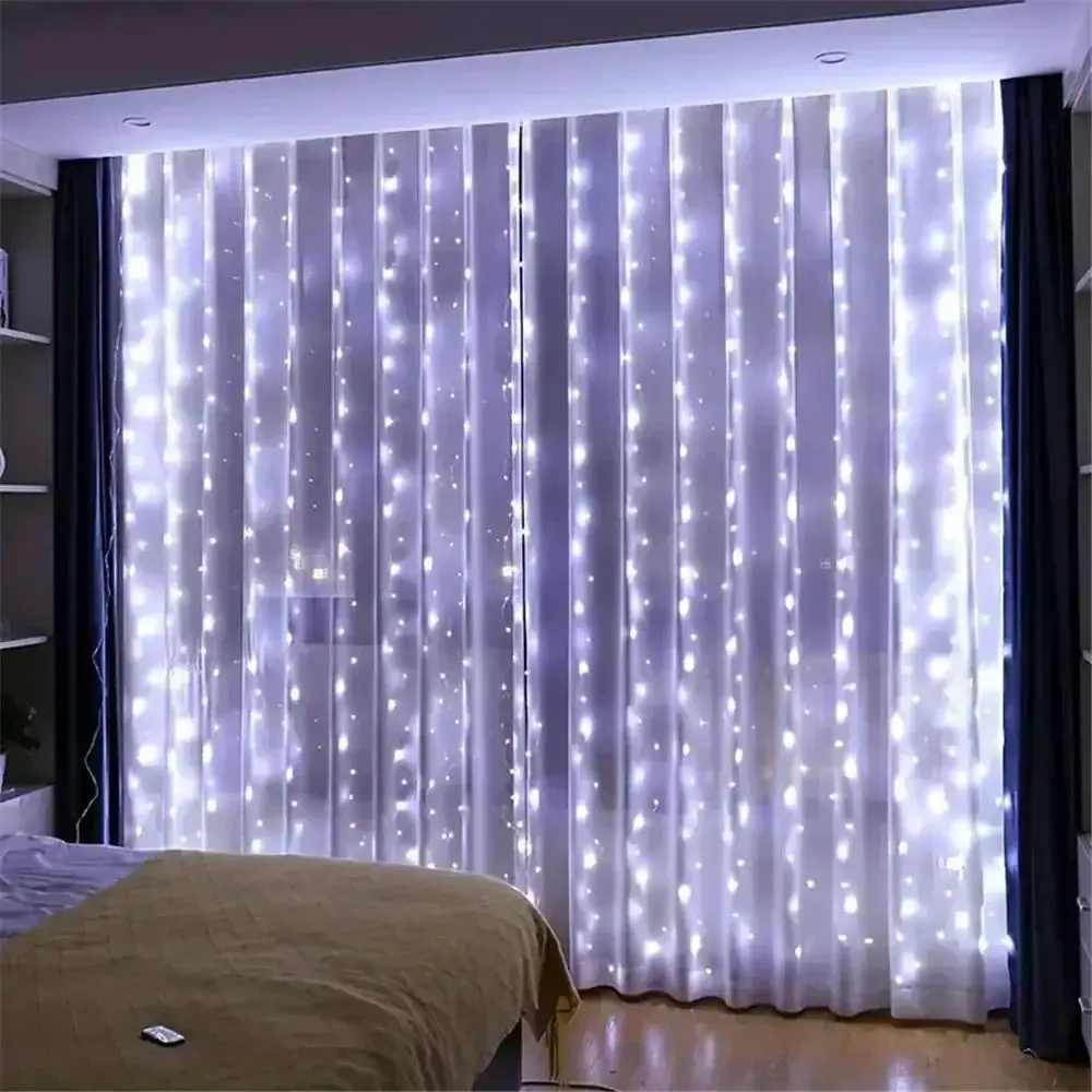 Sheer Curtains with Warm White Curtain Fairy Lights — Christmas Fairy Lights Window