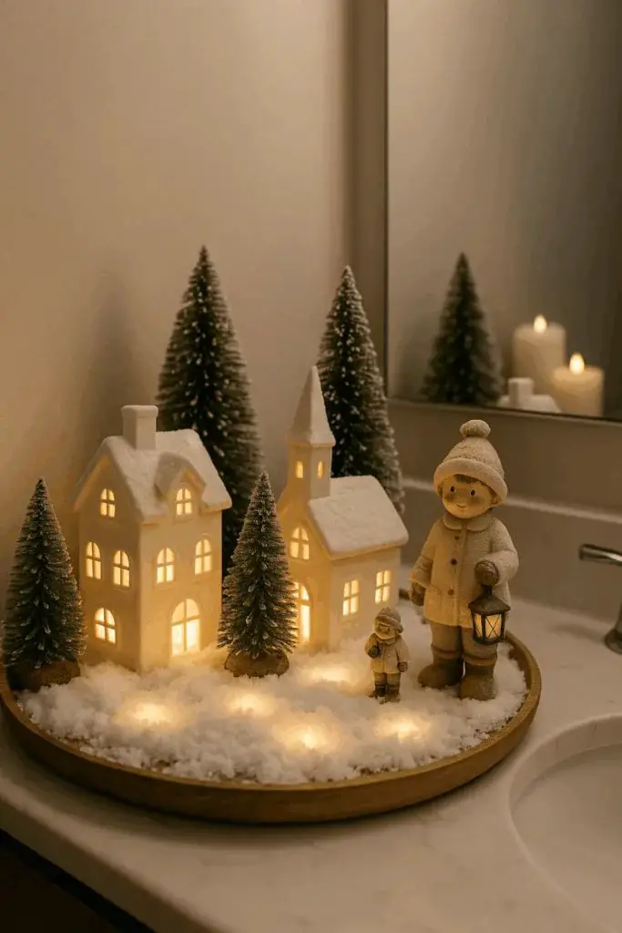 Enchanting Christmas Village Scene on Countertop — Christmas Bathroom Decor
