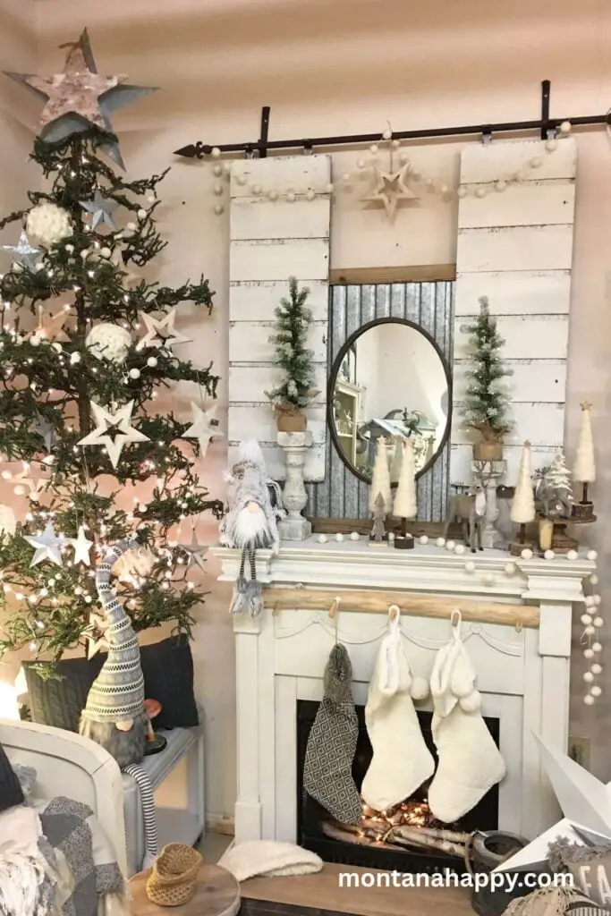 Farmhouse Christmas Tree and Fireplace with Festive Gnomes — Vintage Christmas Decor