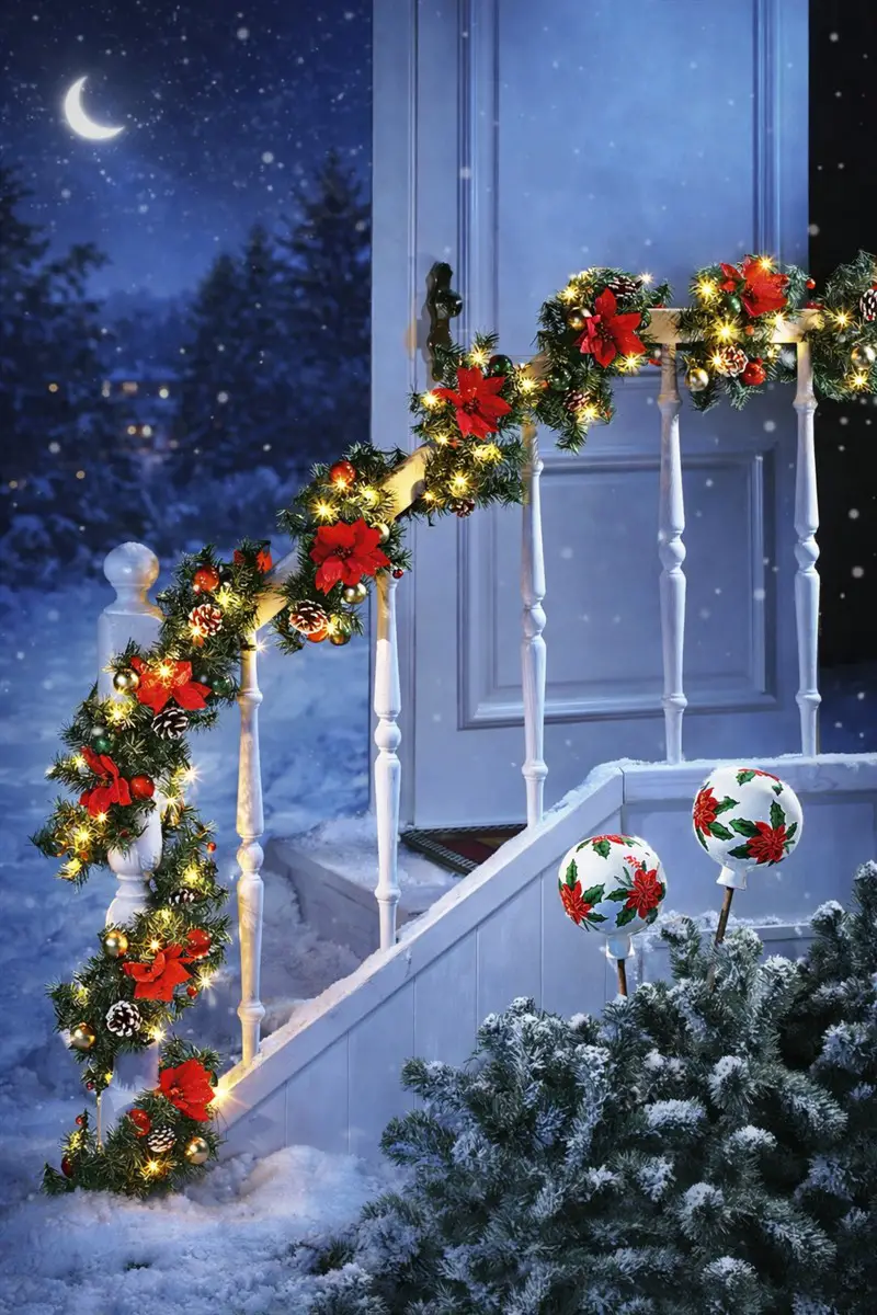 Outdoor Staircase Garland with Poinsettias and Warm LED Lights — Christmas Garland