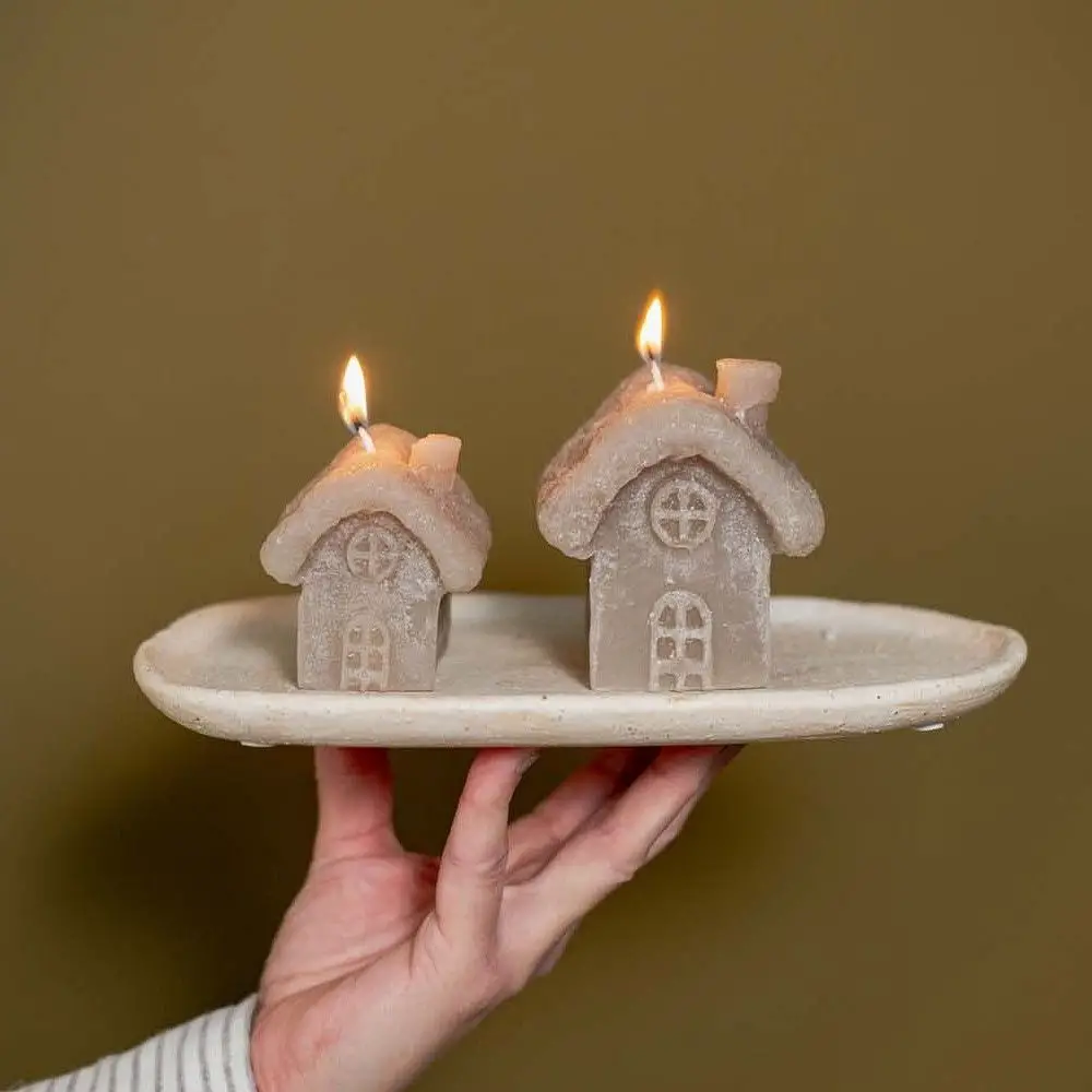 Charming House-Shaped Candles on a Ceramic Tray — Christmas Candle Decor