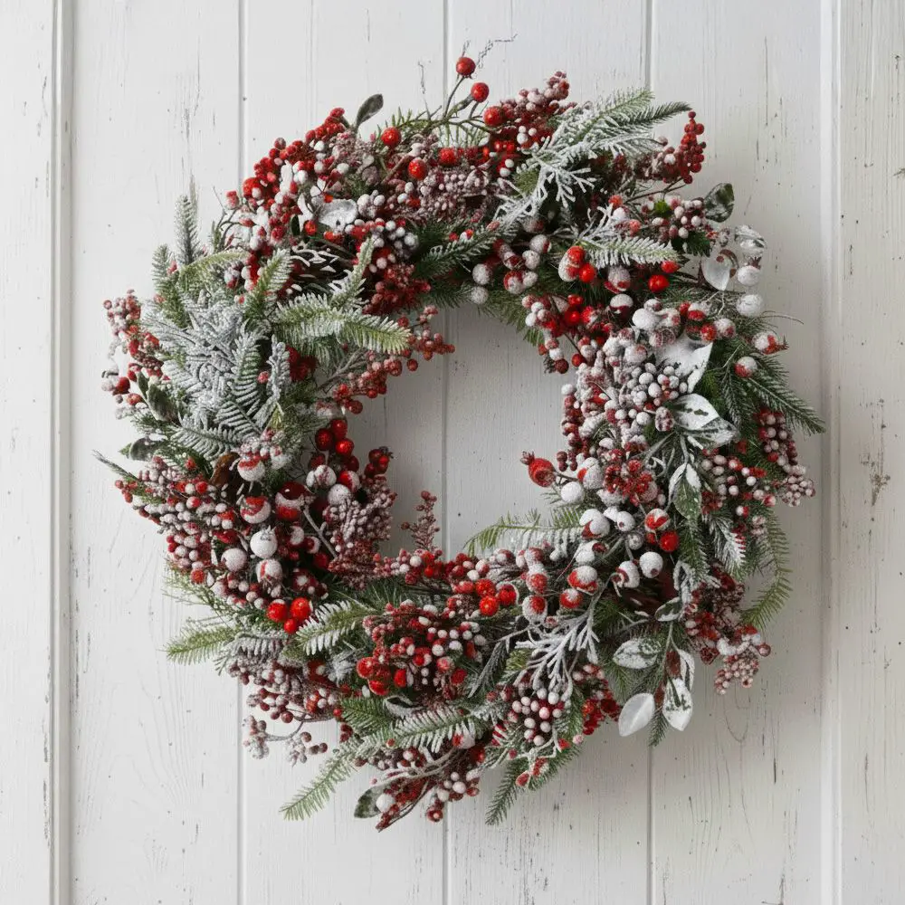 Festive Wreath with Red Berries, Pine Cones, and Snow Effect on White Door — Christmas Wreath