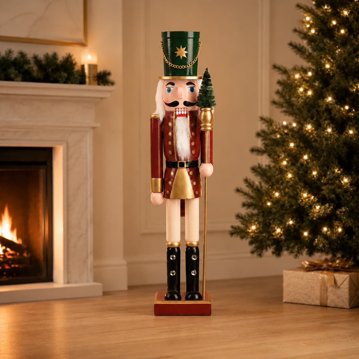 Imposing Nutcracker Stands Guard Beside Christmas Tree Imposing Nutcracker Stands Guard Beside Christmas Tree — Nutcracker Christmas Tree