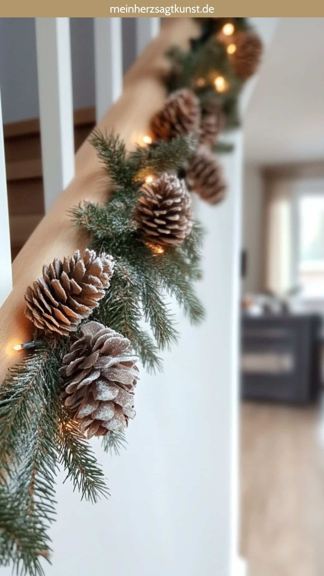 Frosted Pinecones and Fairy Lights on a Christmas Garland — Christmas Stair Garland