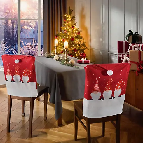 Festive Dining Room with Gnome Chair Covers — Red and Green Christmas Decor
