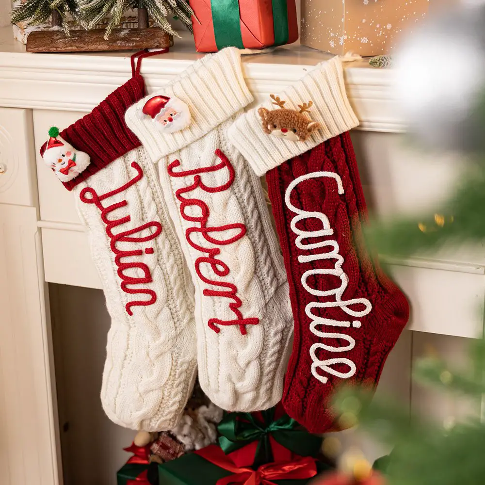 Close-up of Knit Stockings with Embroidered Names — Christmas Stockings Display