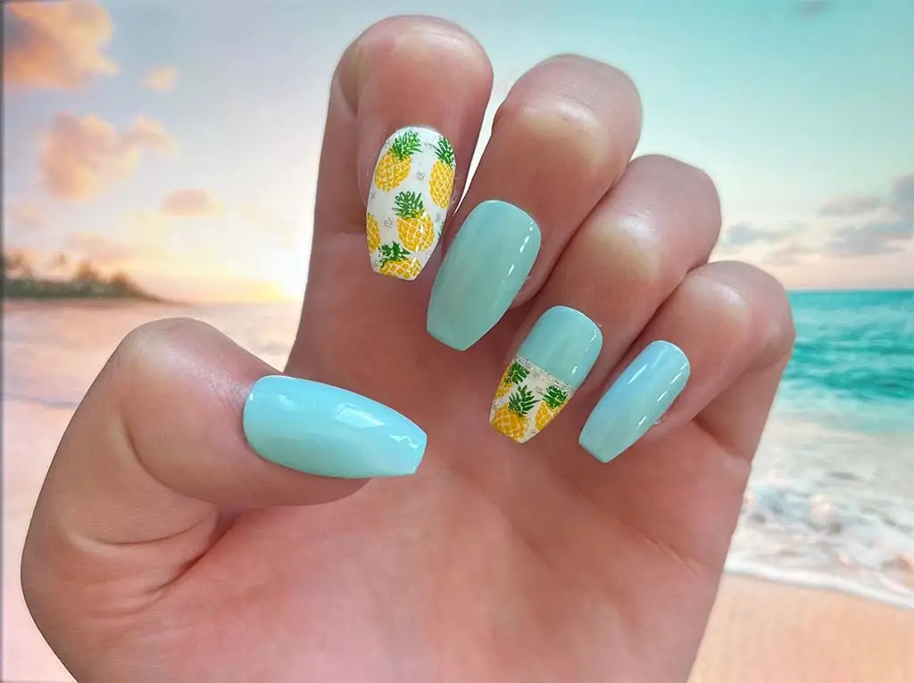 Light Blue Coffin Nails With Pineapple Accent Art Light Blue Coffin Nails With Pineapple Accent Art — pineapple nails ideas 2027