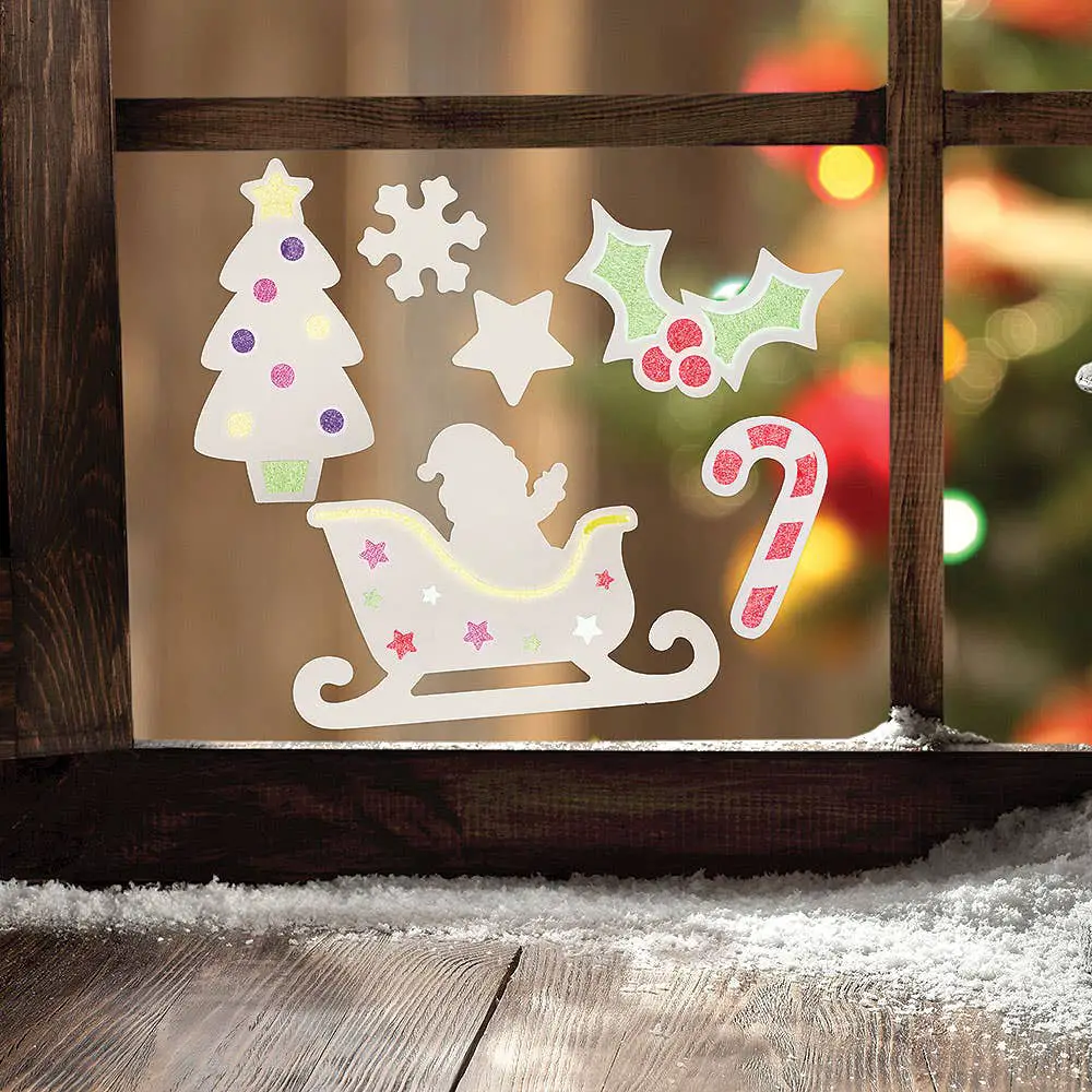 Playful Christmas Window Stickers on Wooden Frame Playful Christmas Window Stickers on Wooden Frame — Dollar Tree Christmas Decor
