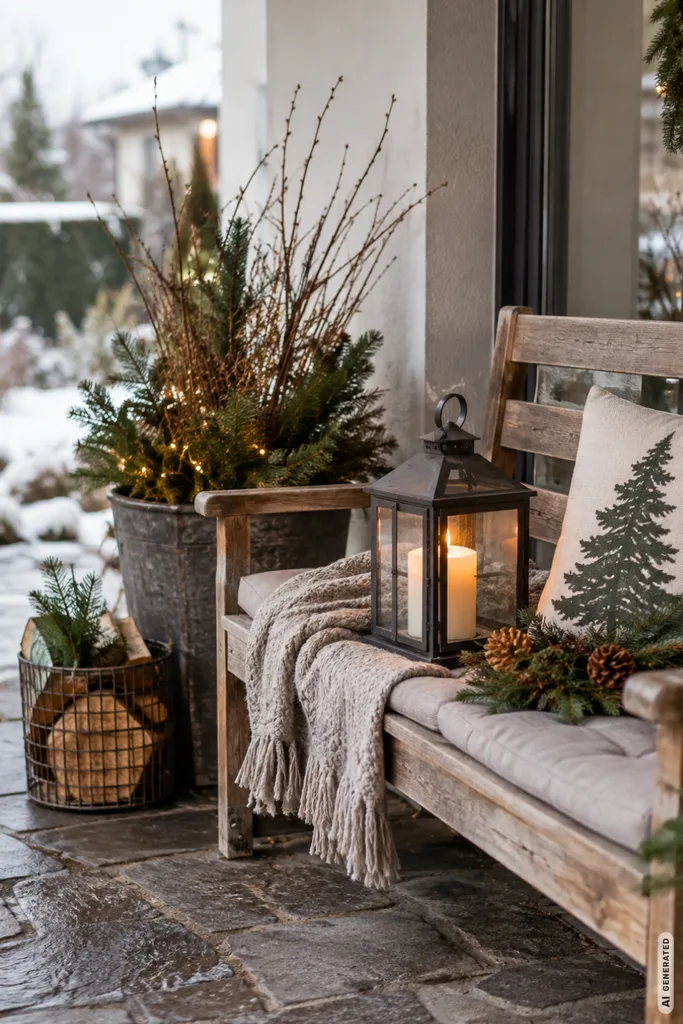 Rustic Bench with Cozy Throw and Potted Evergreen — Winter Porch Decor