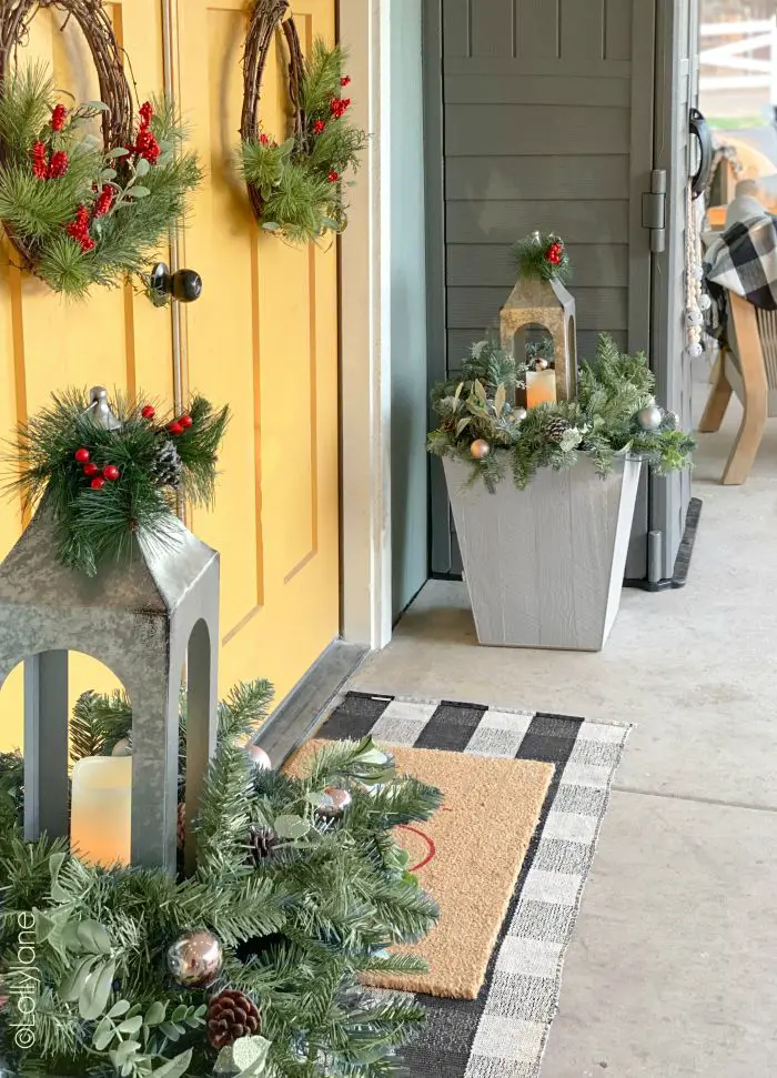 Integrate Farmhouse Lanterns with Planters and Wreaths — Christmas Porch Lanterns
