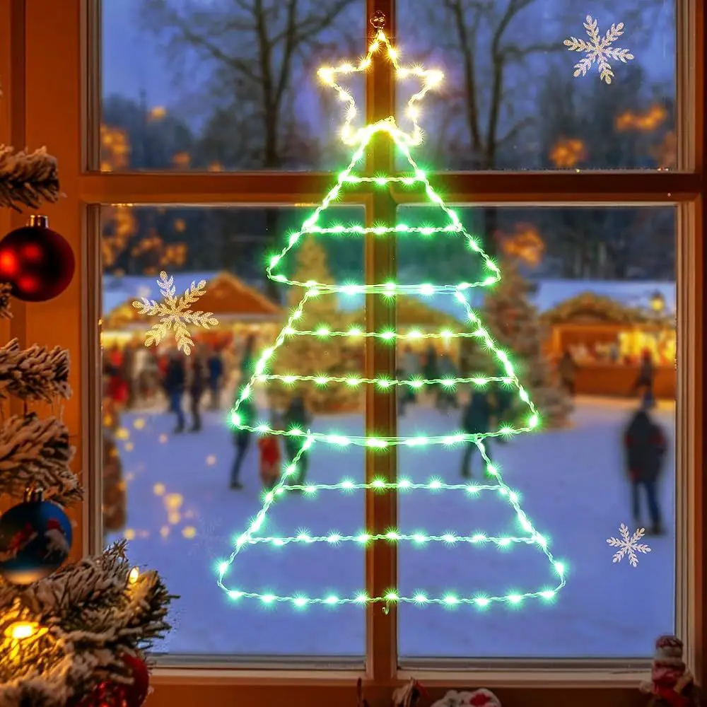 Fairy Light Christmas Tree Shape on Window Pane — Christmas Fairy Lights Window