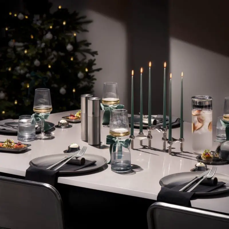 Modern Dining Room with Tall Green Taper Candles in Silver Candelabra — Christmas Candle Decor