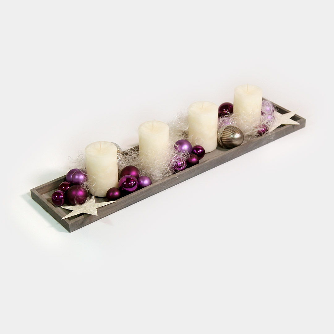 Minimalist Grey Tiered Tray with Purple Baubles and Cream Candles — Christmas Tiered Tray